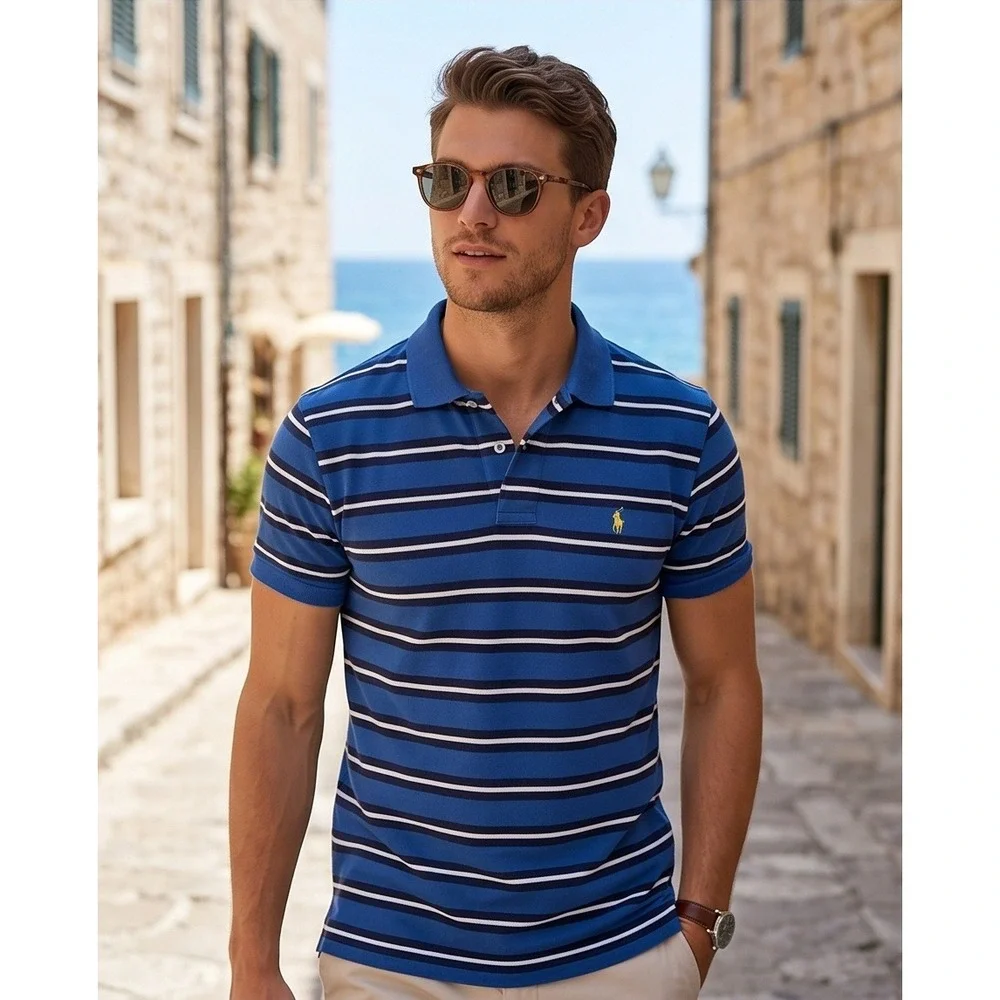 Polo Ralph Lauren M Blue‎ Striped Polo SS Yellow Pony Vtg Classic Fit Casual